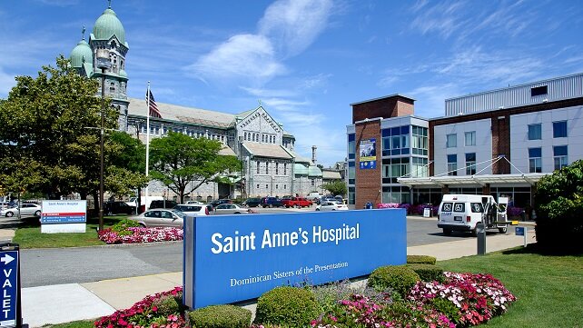 Saint Anne's Hospital exterior with chapel behind it